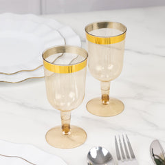 12 Pack Plastic Short Stem Wine Glasses Transparent Gold/Gold Rim - Stylish Disposable Drinkware 6oz