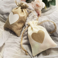 20 Pack 4"x5" Natural Ivory Heart Design Jute Burlap Gift Bags With Drawstring, Rustic Wedding Party Favor Bags