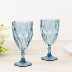 12 Pack Vintage Diamond Cut Plastic Goblets – Dusty Blue 11oz Reusable Wine & Beverage Glasses