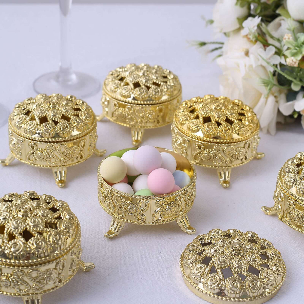 12-Pack Plastic Fillable Mini Candy Container in Vintage Ornate Round Box Style Metallic Gold - Candy Treat Favor Boxes 2.5"