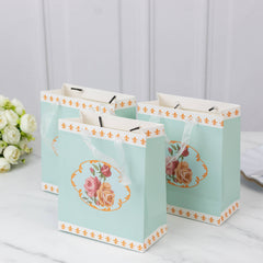12-Pack Favor Bags Vintage Rose Floral Tea Party, Turquoise Paper Goodie Gift Bags with Ribbon Handles, 6"x7"x3"