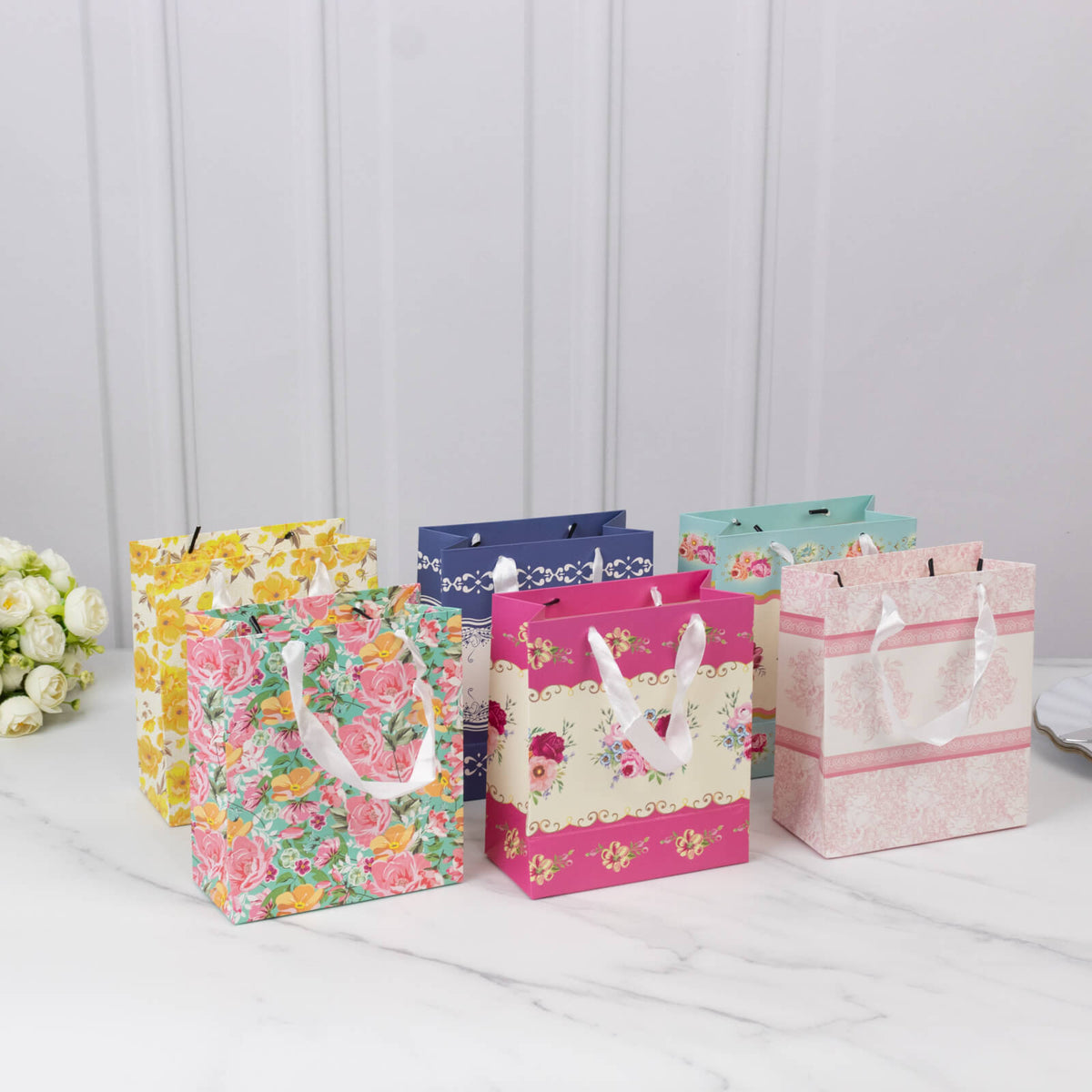 12-Pack Favor Bags Mixed Vintage Floral Tea Party – Paper Gift Bags with Ribbon Handles - Elegant Goodie Bags - 6"x7"x3"