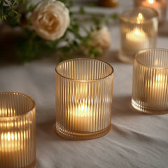 12 Pack Ribbed Glass Votive Candle Holders – Amber Gold, 2.5" Tealight Cups for Tabletop Lighting