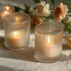 12 Pack Ribbed Glass Votive Candle Holders – Clear, 2.5" Tealight Cups for Tabletop Lighting