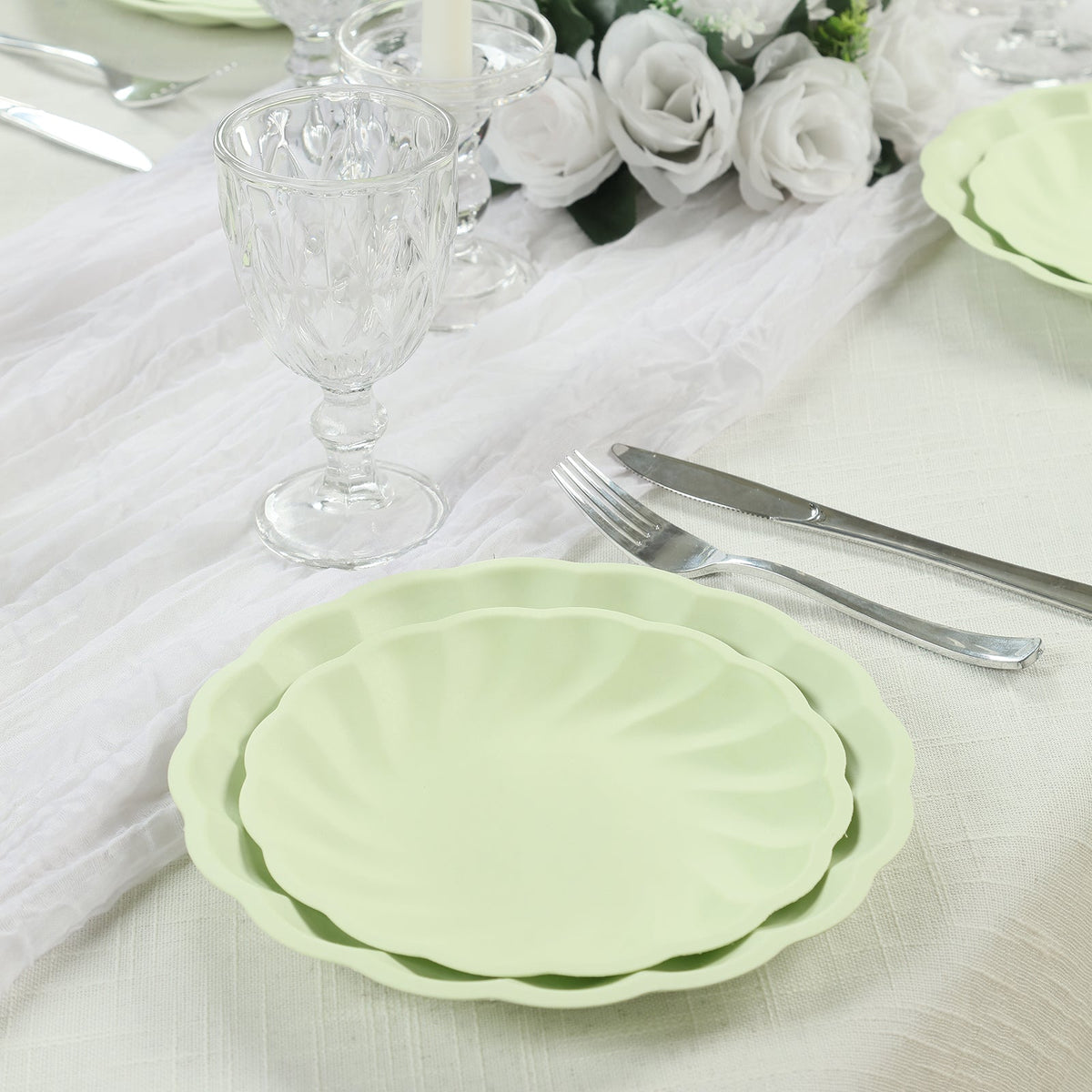20 Pack Biodegradable Salad Plates in Sage Green – 7" Swirl Scalloped Pastel Color Compostable Bamboo Dessert Plates, Elegant Disposable Tableware