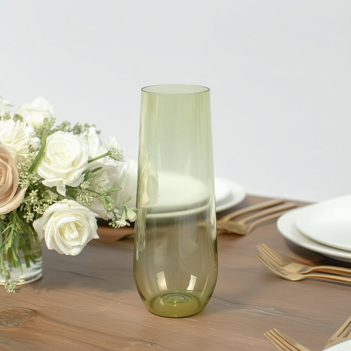 12 Pack Plastic Champagne Glasses in Transparent Dusty Sage Green, Reusable Lightweight Champagne Flutes 9oz