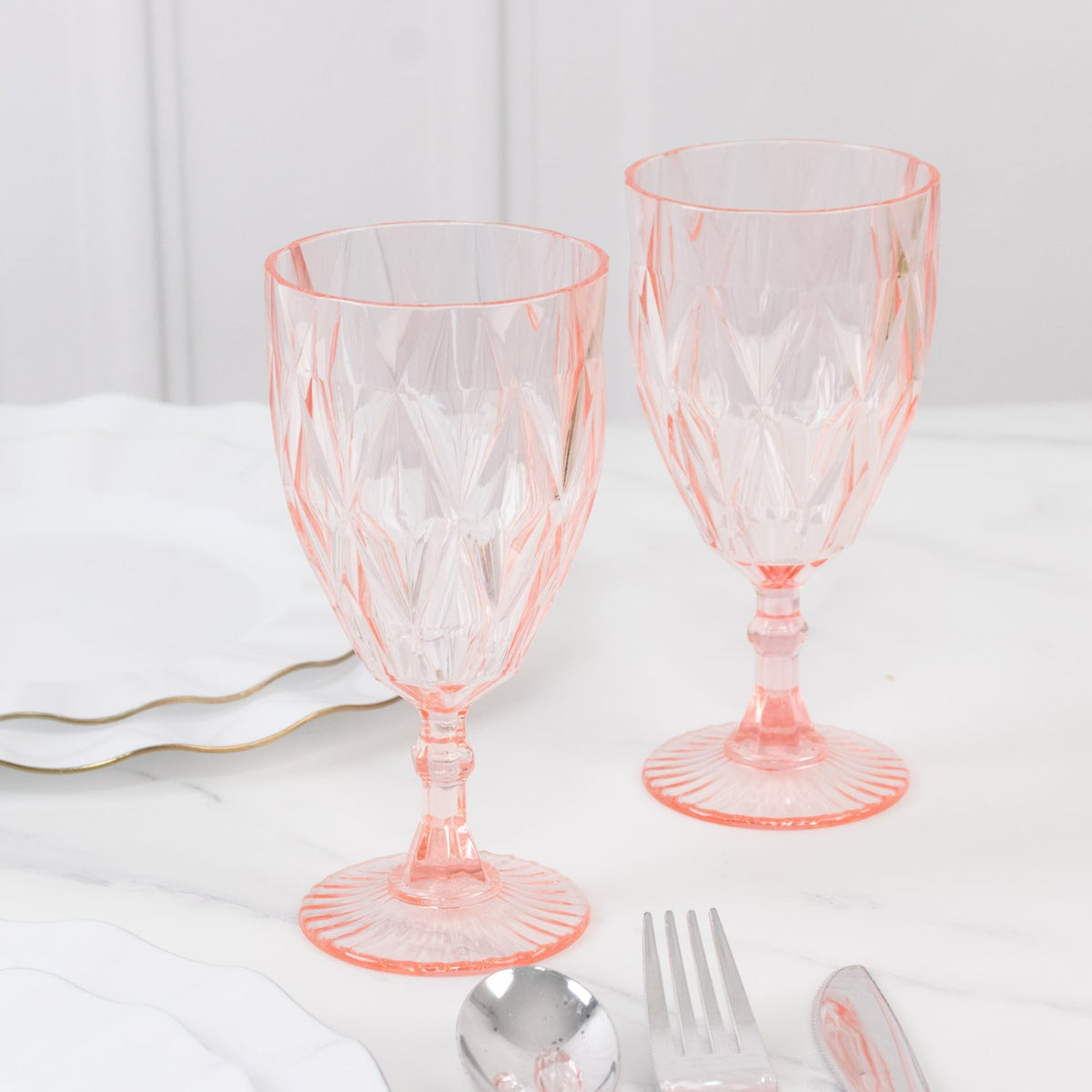 12 Pack Vintage Diamond Cut Plastic Goblets – Blush 11oz Reusable Wine & Beverage Glasses