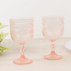12 Pack Vintage Plastic Wine Goblets – 15oz Reusable Shatterproof Blush Embossed Floral Pattern Drinkware, Decorative Cups