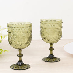 12 Pack Vintage Plastic Wine Goblets – 15oz Reusable Shatterproof Dusty Sage Green Embossed Floral Pattern Drinkware, Decorative Cups
